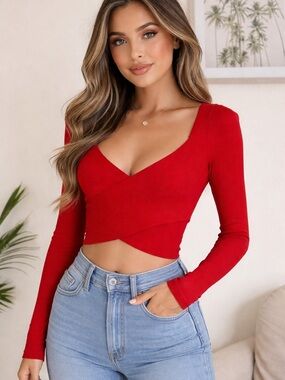 Women’s Red Long-Sleeve Wrap Crop Top